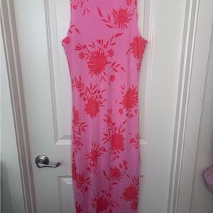 Pink & Red Floral Pink Sleeveless Midi Dress